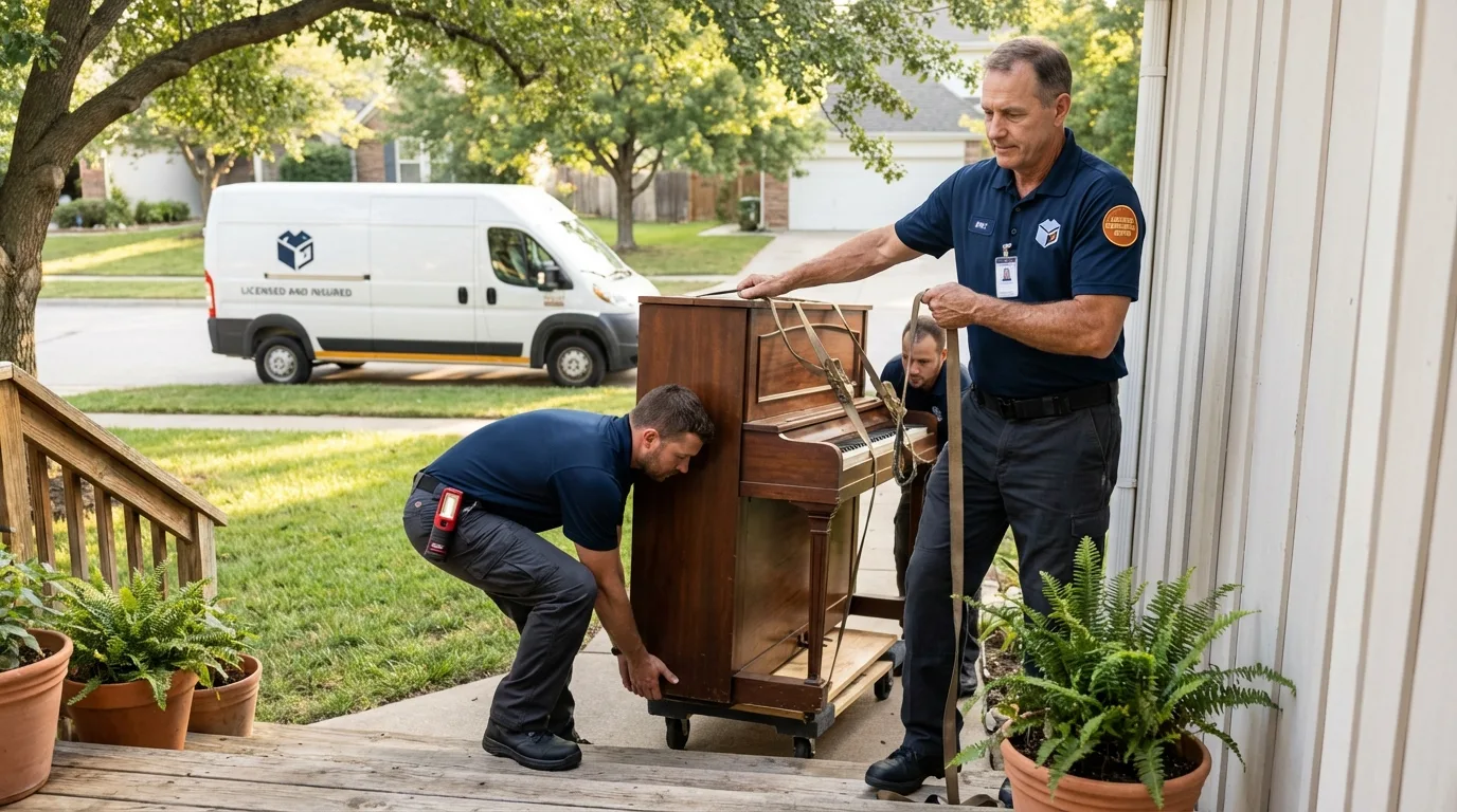 Licensed piano movers securing grand piano in Morrisville, PA