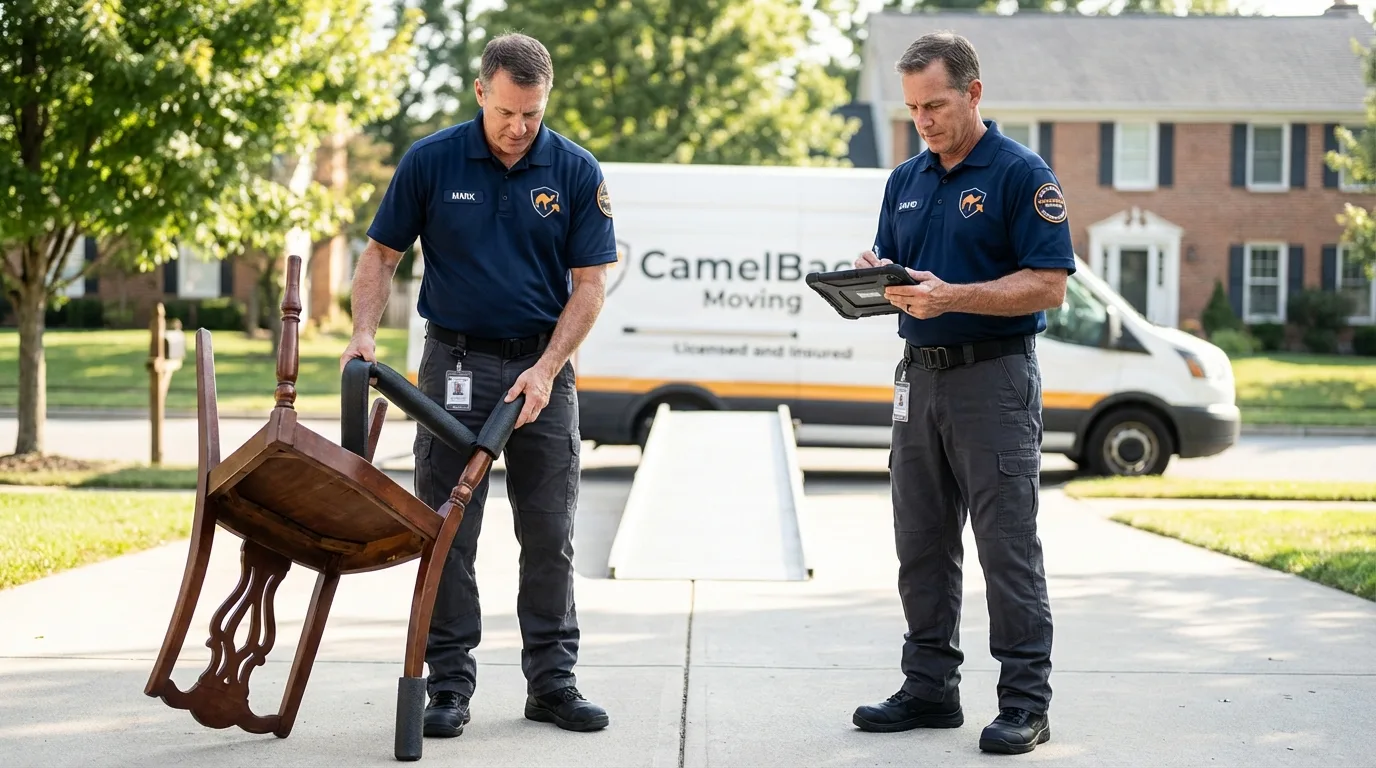 Movers inspecting furniture for damage prevention before loading in Morrisville, PA