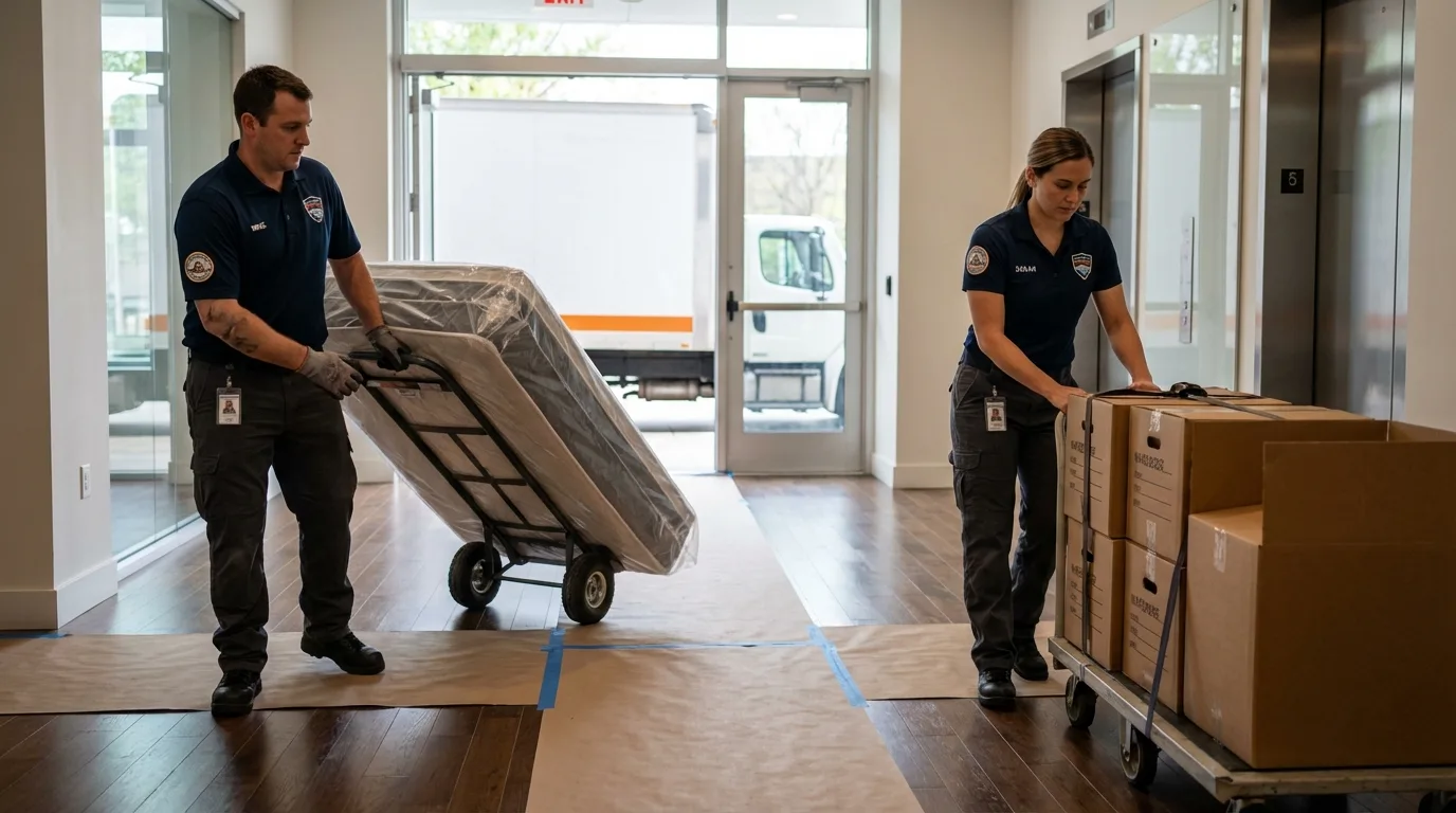 Professional apartment movers loading elevator in Morrisville, PA