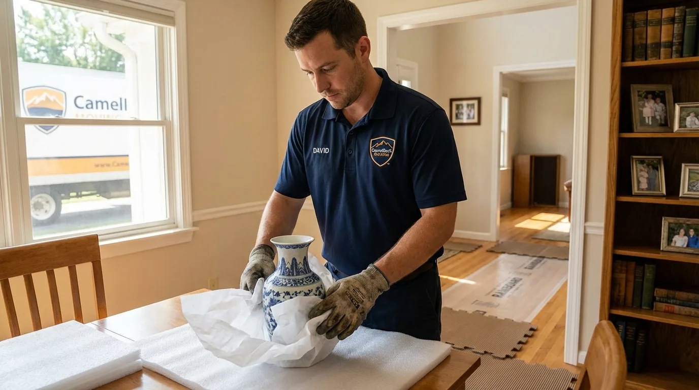 Professional crew carefully wrapping antique vase for senior downsizing move in Morrisville, PA